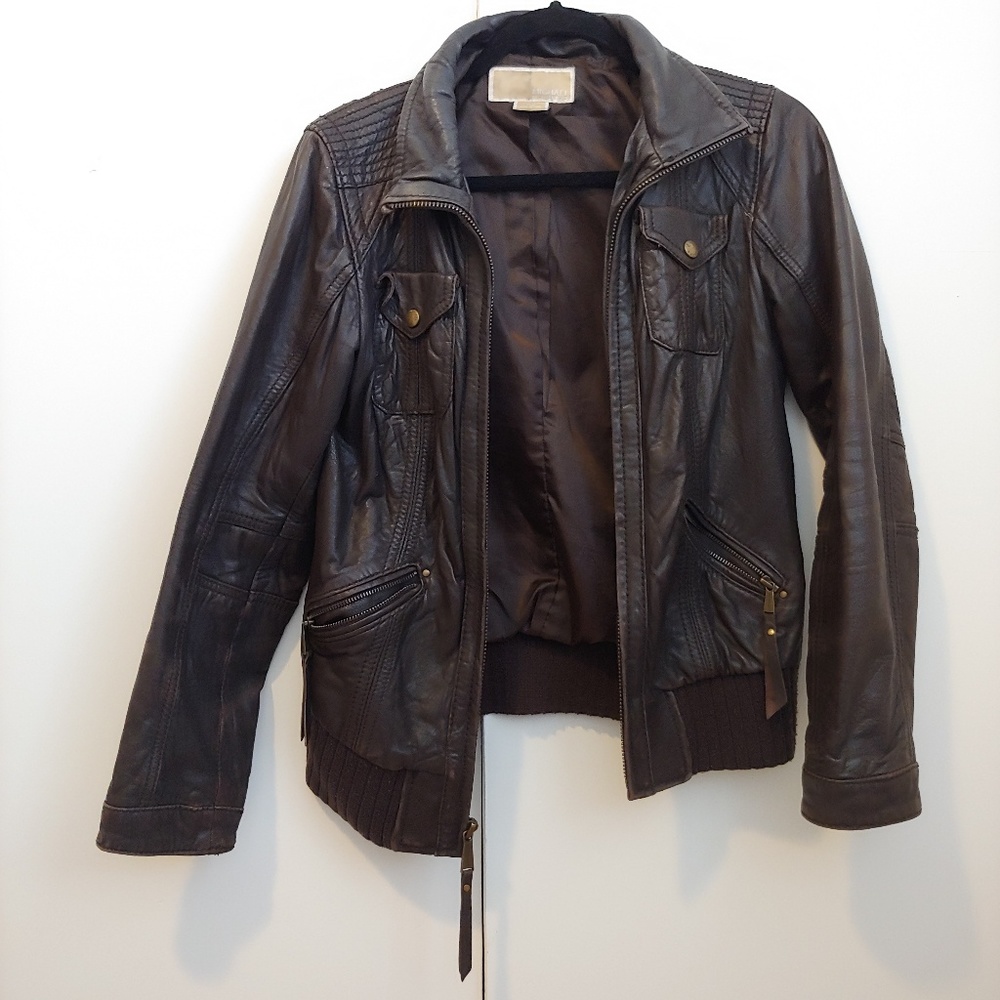 Michael Kors Genuine Leather Bomber Jacket Brown M - Picture 2 of 7